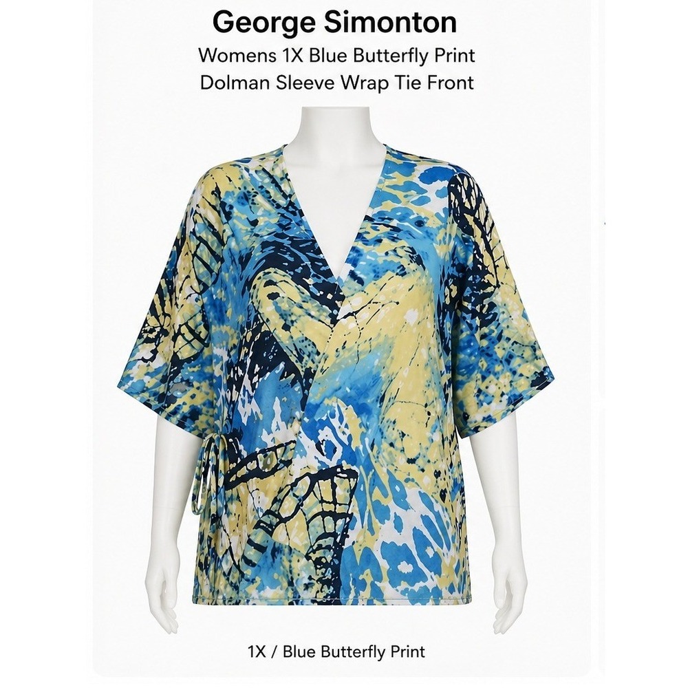 George Simonton Womens 1X Blue Butterfly Print Dolman Sleeve Wrap Tie Front Top